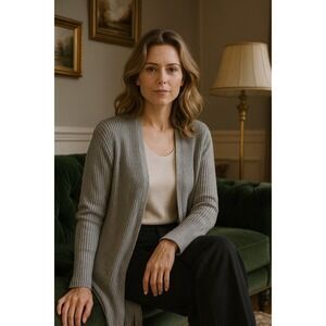 Vila Milano Womens Cardigan M Ribbed Knit Gray Minimal Capsule Chic Longline